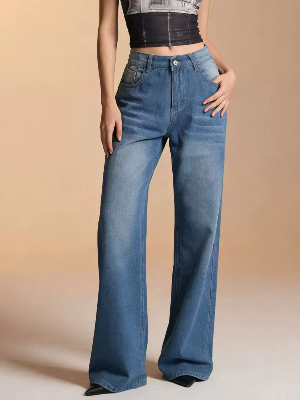ZARA Womens Loose Wide Leg Casual Fashion Slim Straight Jeans